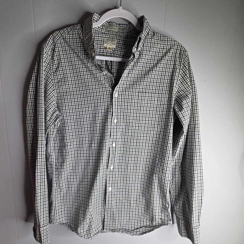 J.Crew Mens Secret Wash Gingham Shirt Classic Fit Green Navy Organic Cotton M